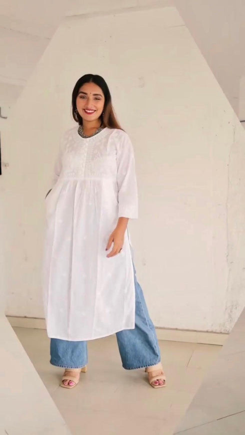 Megha in House of Kari Hand embroidery Chikankari Dress-White